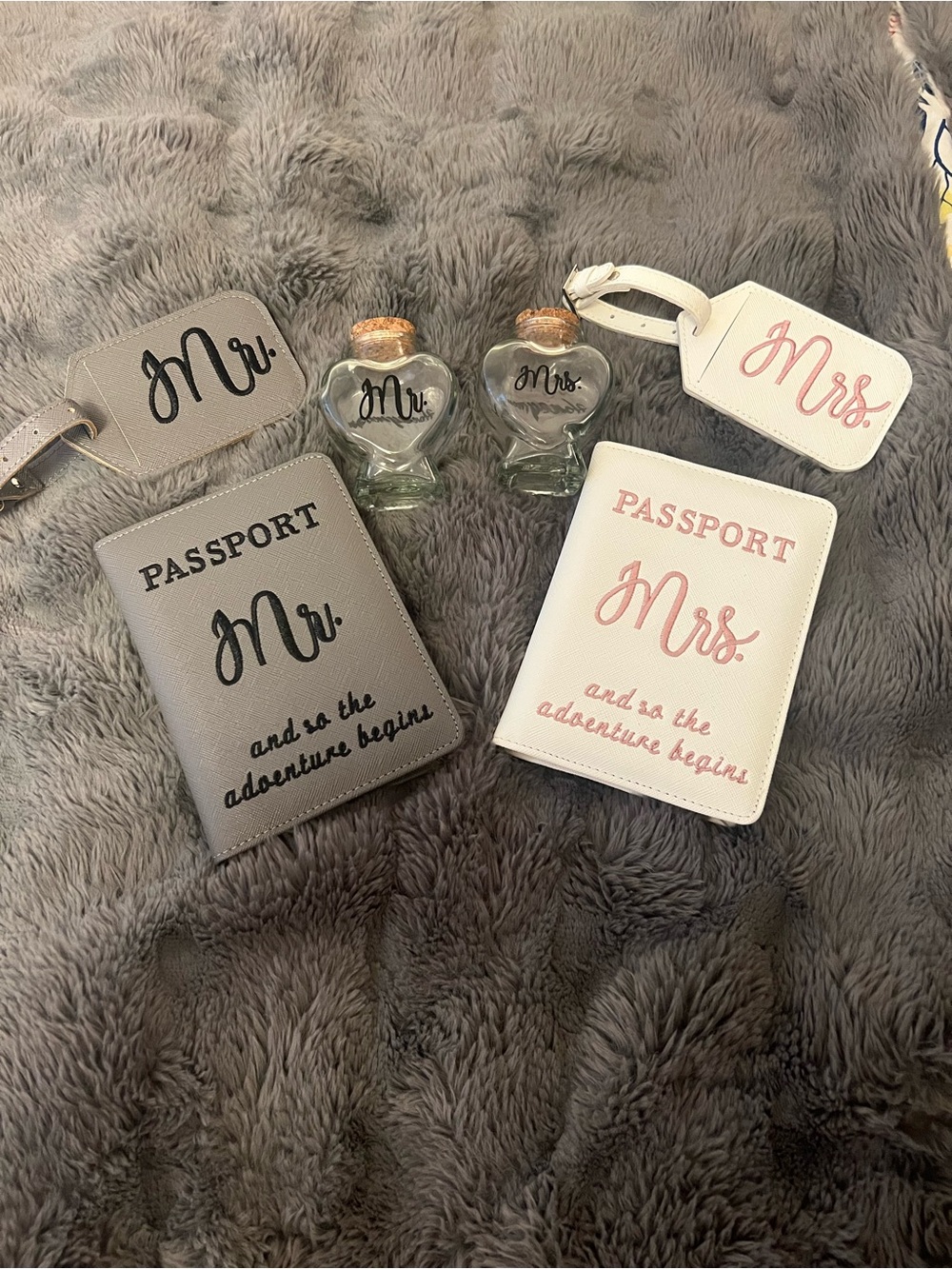 Mr. and Mrs. Passport Cover and Luggage Tag Set - Gray & White